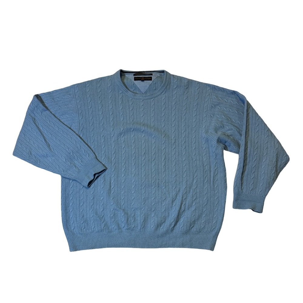 Tommy Hilfiger mens L Large blue 100% cashmere cable knit crewneck sweater